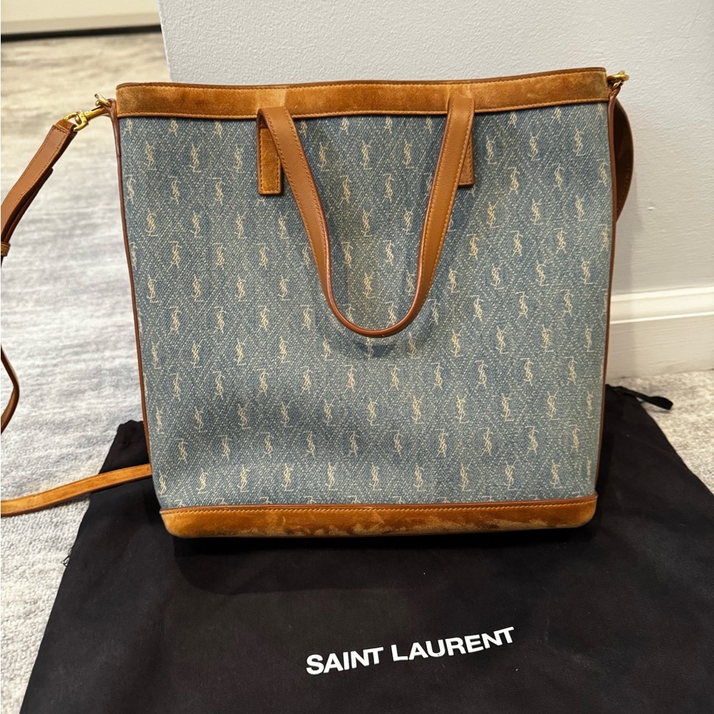 Saint Laurent Blue and Tan Tote with Monogram Design - Picture 2 of 6